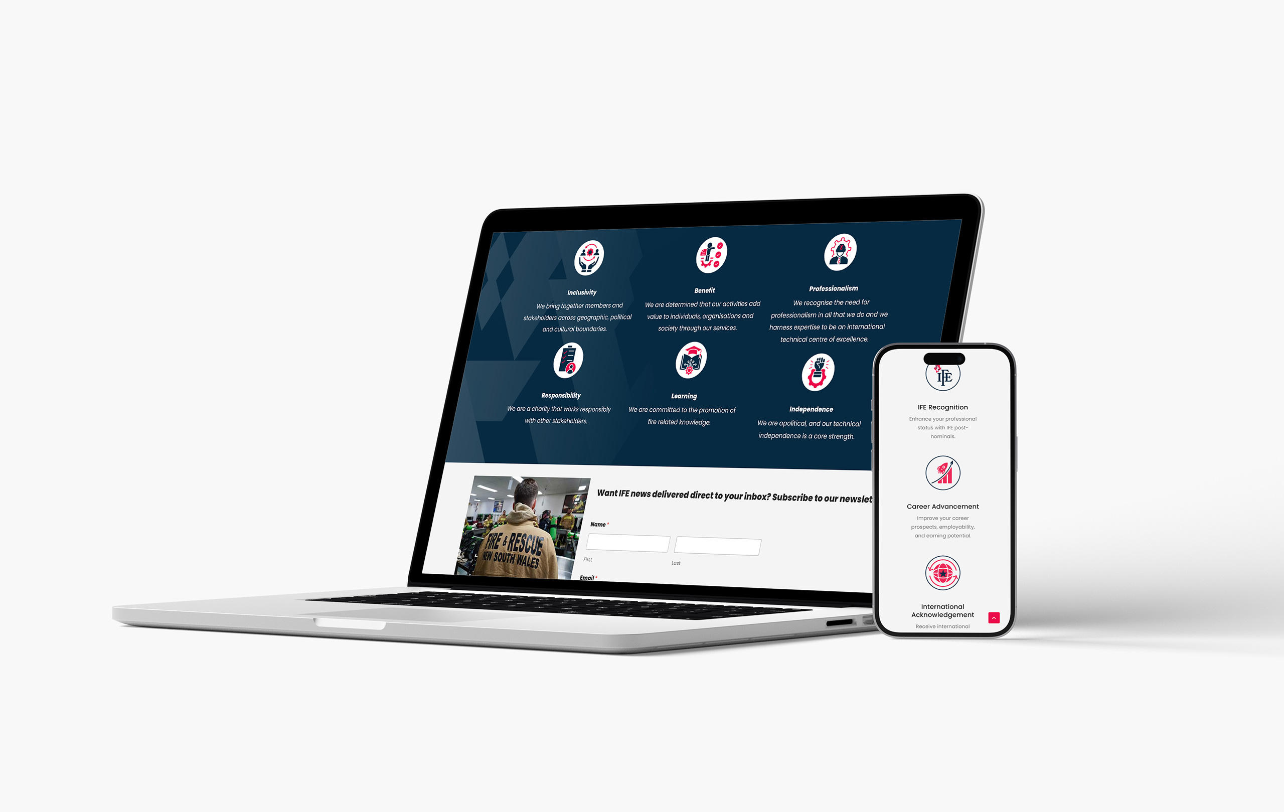 IFE Australia values and membership benefits shown on laptop and mobile