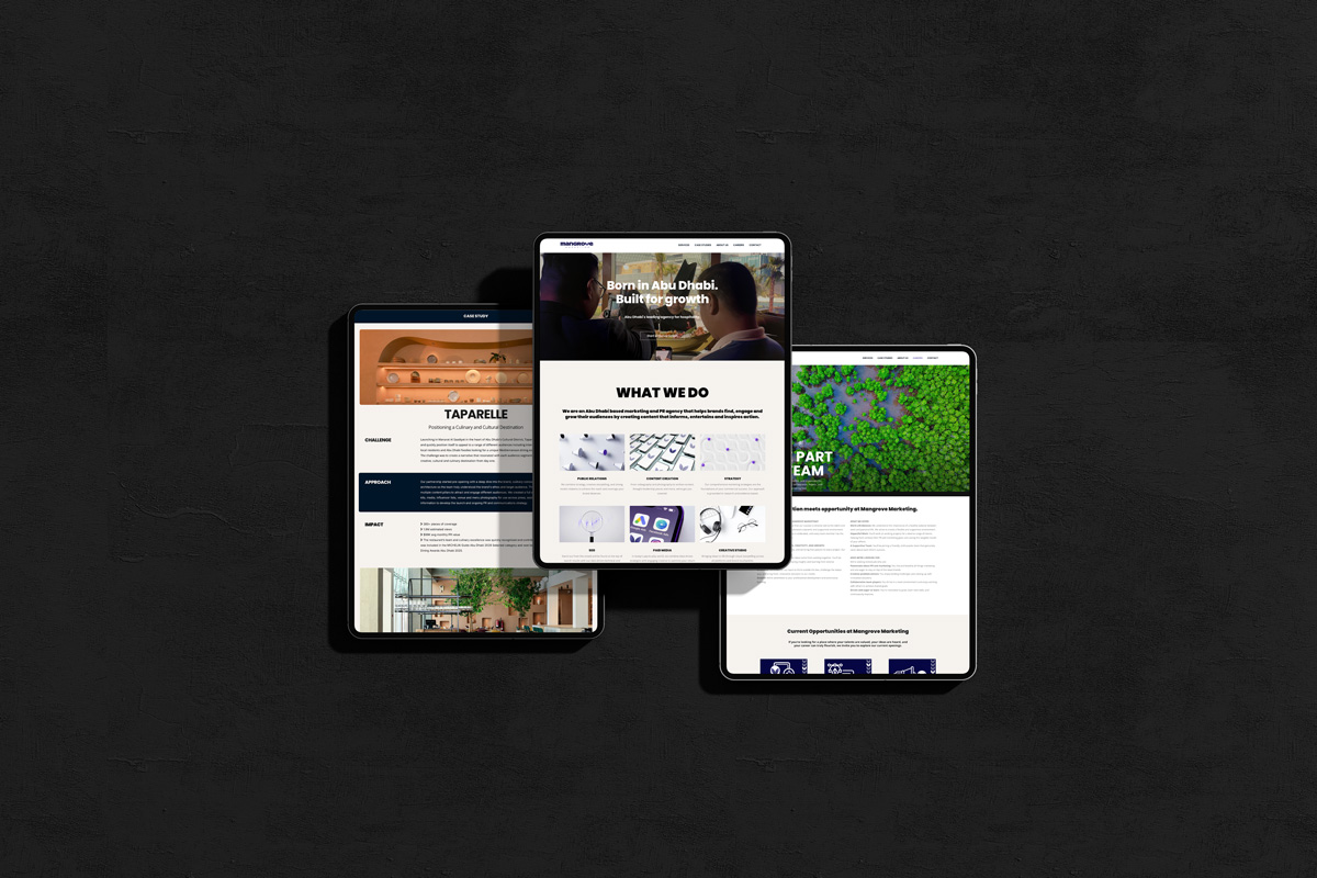 Mangrove Marketing website shown across tablet and desktop, including a services overview